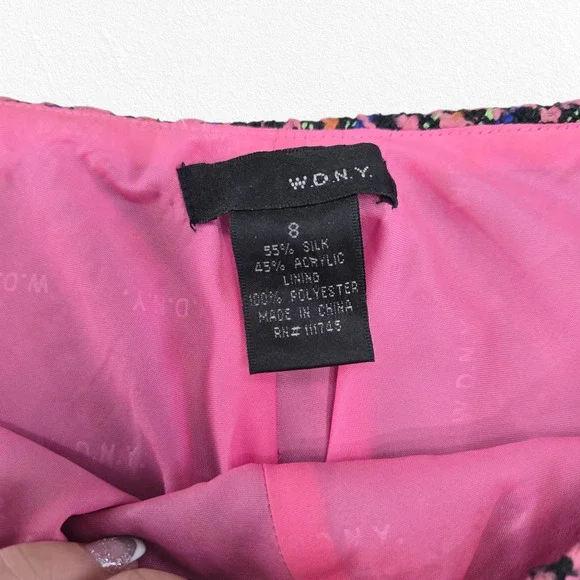 Y2K Pink Tweed Fringe Skirt W.D.N.Y. Silk Blend A-Line Knee Length Skirt Size 8 - Picture 5 of 10